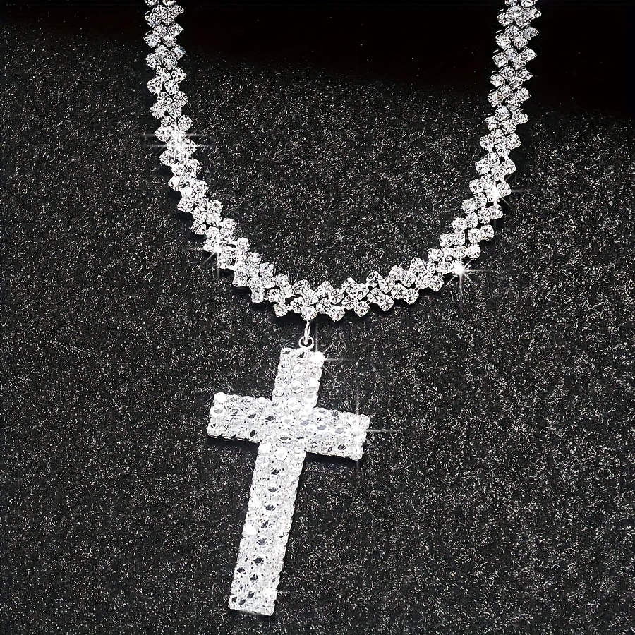 Layered Rhinestones Cross Pendants Necklace